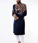 Navy blue hand embroidered velvet sherwani for men