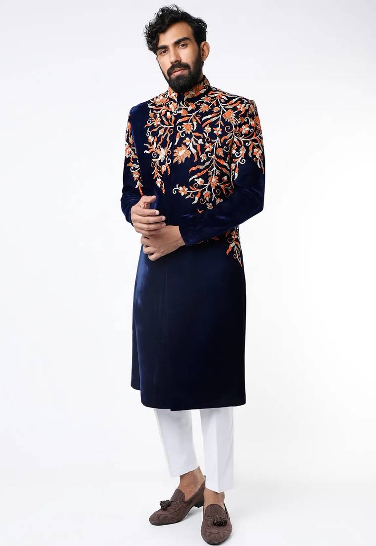 Navy blue hand embroidered velvet sherwani for men