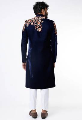 Navy blue hand embroidered velvet sherwani for men 2