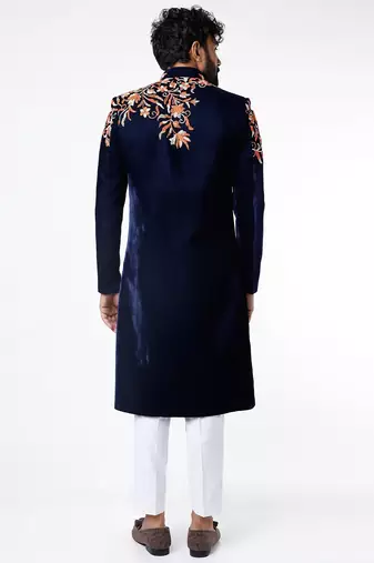 Navy blue hand embroidered velvet sherwani for men