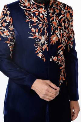 Navy blue hand embroidered velvet sherwani for men 3