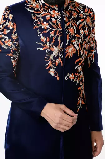 Navy blue hand embroidered velvet sherwani for men