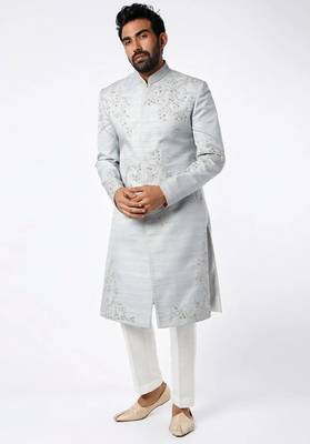 Light grey hand embroidered art silk sherwani for men 1