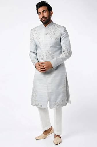 Light grey hand embroidered art silk sherwani for men