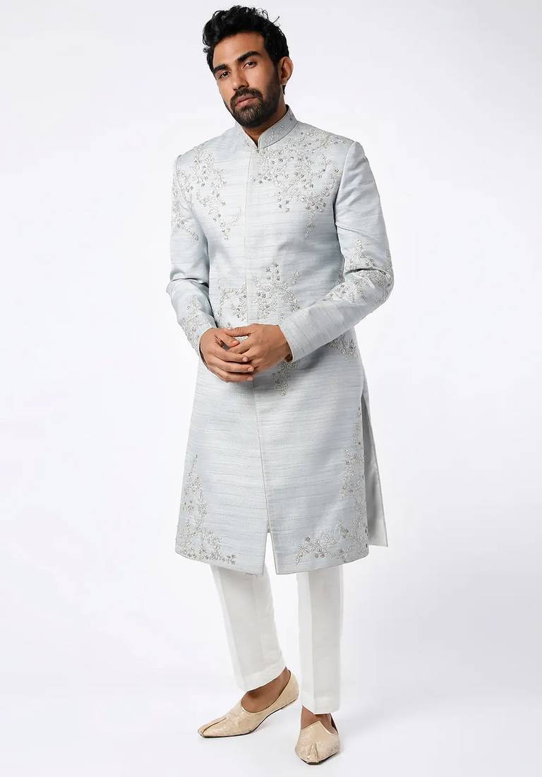 Light grey hand embroidered art silk sherwani for men