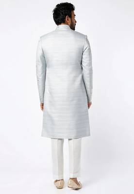 Light grey hand embroidered art silk sherwani for men 2