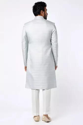 Light grey hand embroidered art silk sherwani for men