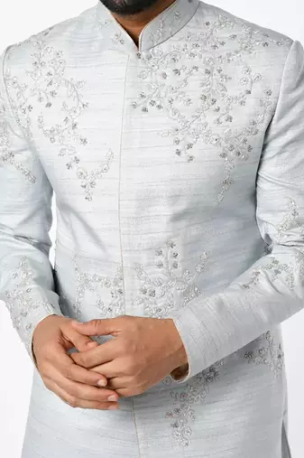 Light grey hand embroidered art silk sherwani for men