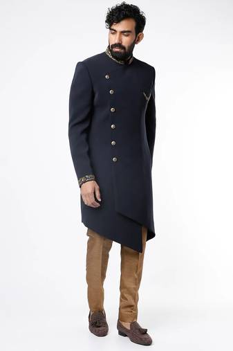 Navy blue hand embroidered teri rayon sherwani for men