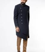Navy blue hand embroidered teri rayon sherwani for men