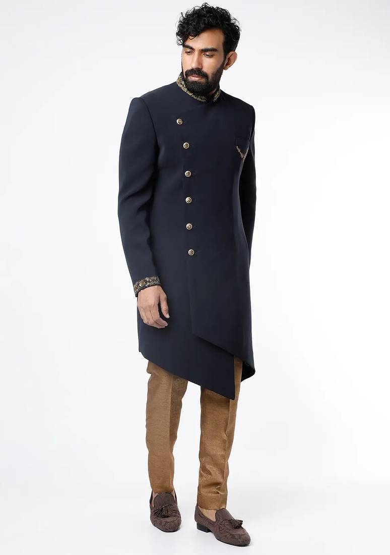 Navy blue hand embroidered teri rayon sherwani for men