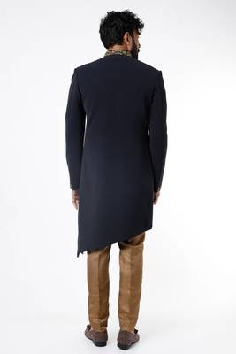 Navy blue hand embroidered teri rayon sherwani for men 2