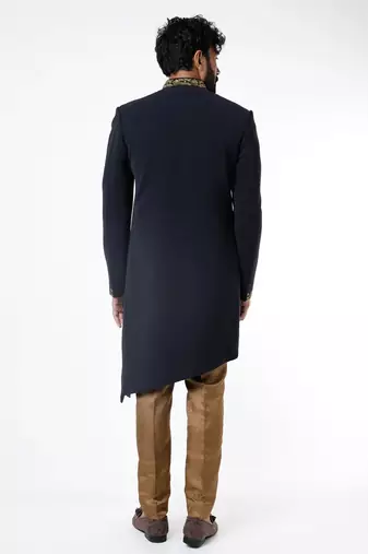 Navy blue hand embroidered teri rayon sherwani for men