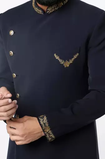 Navy blue hand embroidered teri rayon sherwani for men
