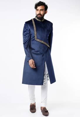Navy blue hand embroidered suede velvet sherwani for men 1