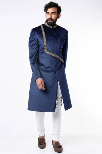 Navy blue hand embroidered suede velvet sherwani for men