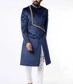 Navy blue hand embroidered suede velvet sherwani for men