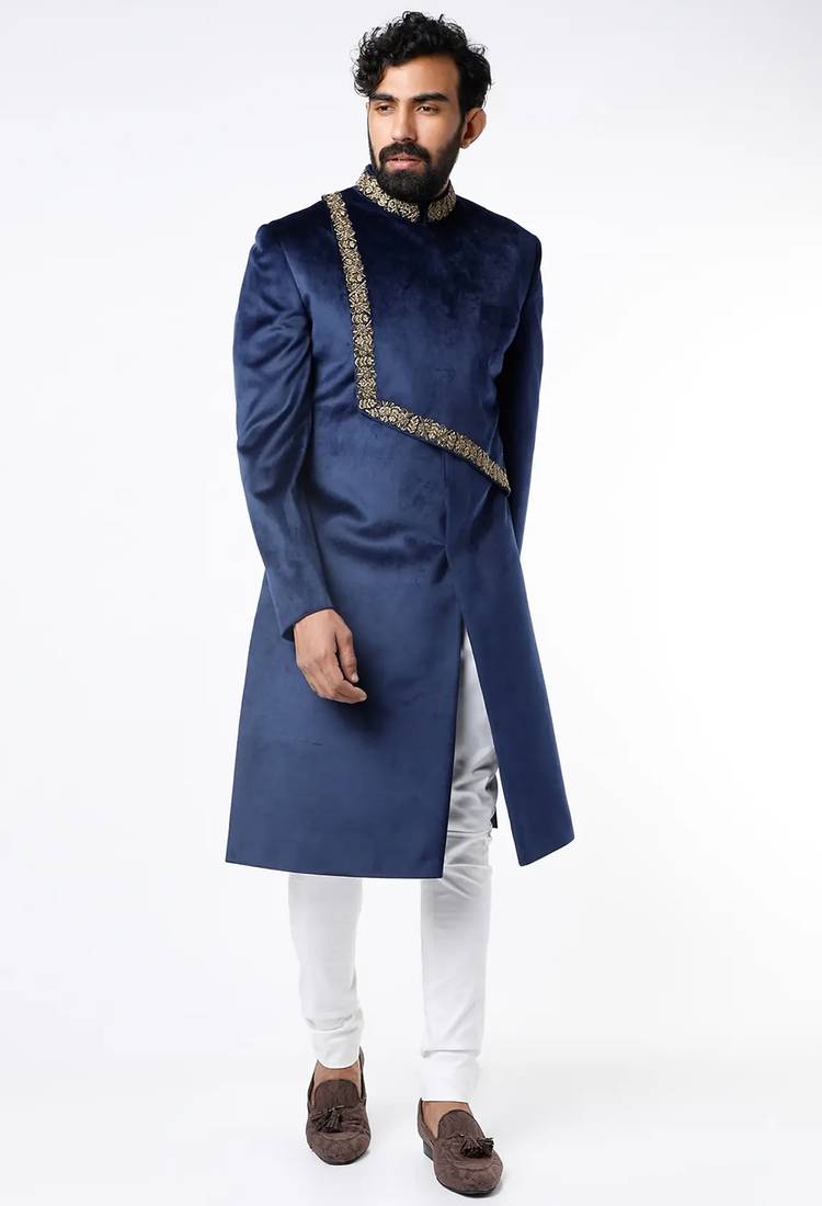 Navy blue hand embroidered suede velvet sherwani for men