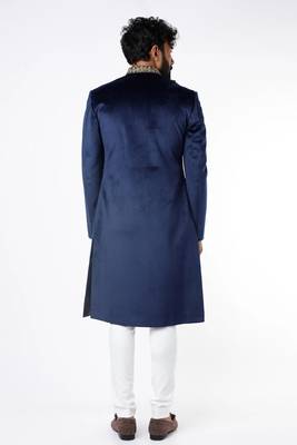 Navy blue hand embroidered suede velvet sherwani for men 2