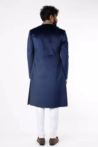 Navy blue hand embroidered suede velvet sherwani for men