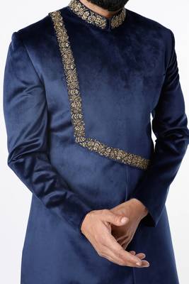 Navy blue hand embroidered suede velvet sherwani for men 3