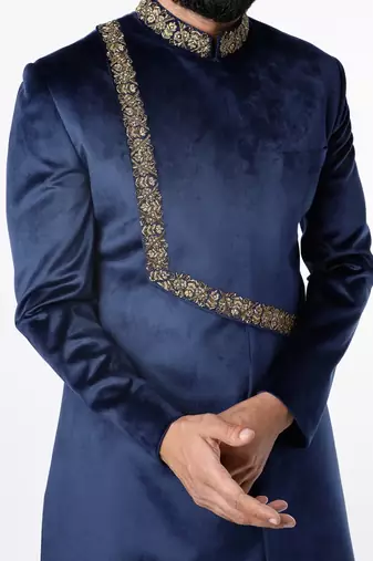 Navy blue hand embroidered suede velvet sherwani for men