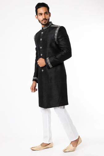 Black hand embroidered art silk sherwani for men