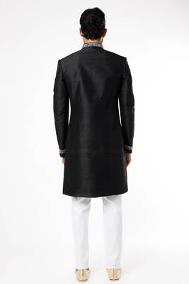 Black hand embroidered art silk sherwani for men 2