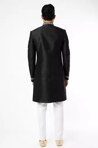 Black hand embroidered art silk sherwani for men