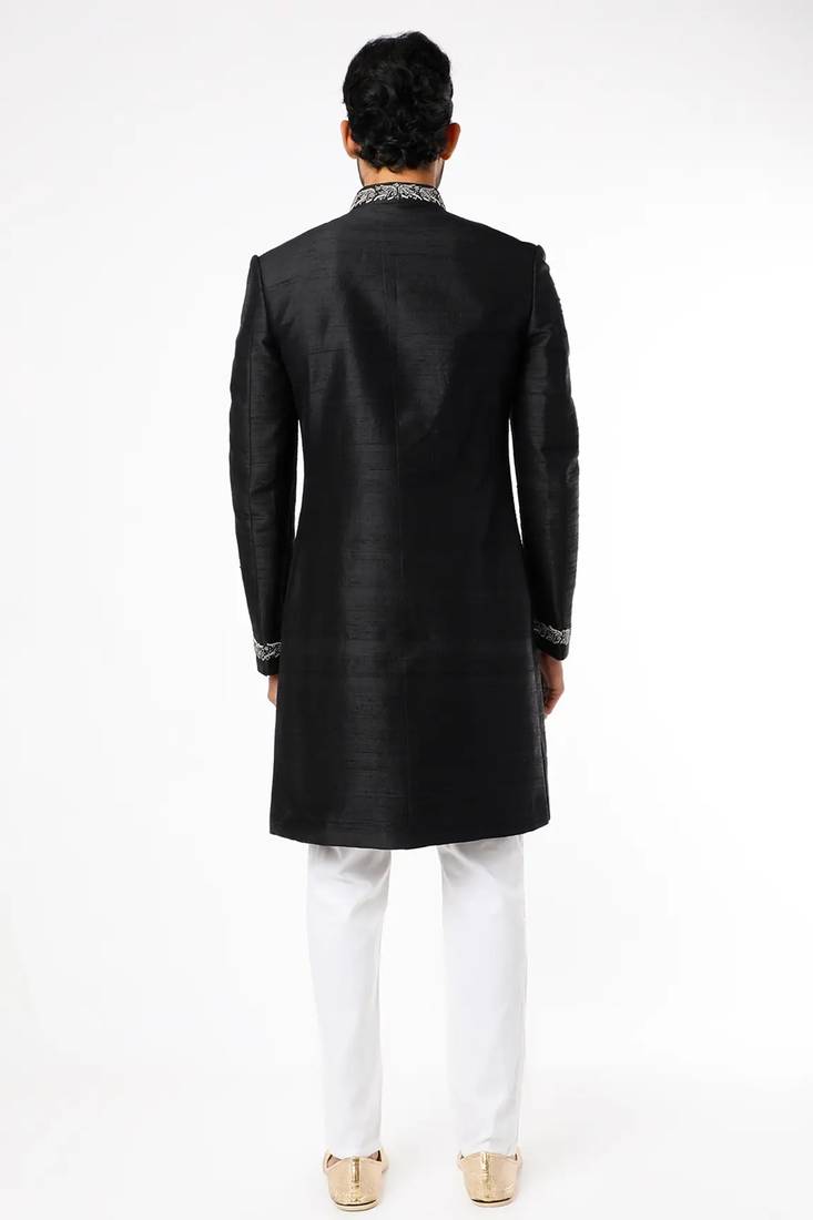 Black hand embroidered art silk sherwani for men