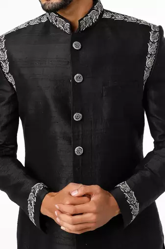 Black hand embroidered art silk sherwani for men