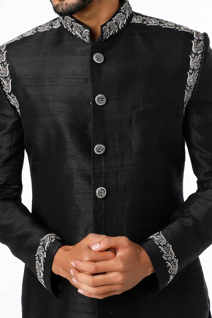 Black hand embroidered art silk sherwani for men