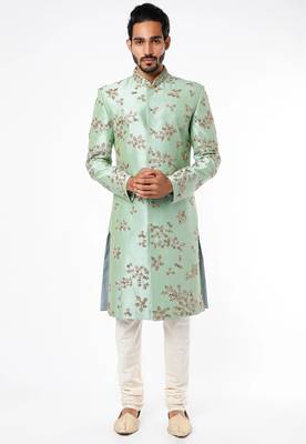 Pista green hand embroidered art silk sherwani for men 1