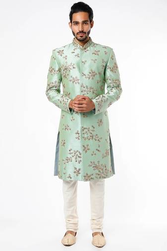 Pista green hand embroidered art silk sherwani for men