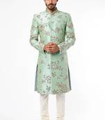 Pista green hand embroidered art silk sherwani for men