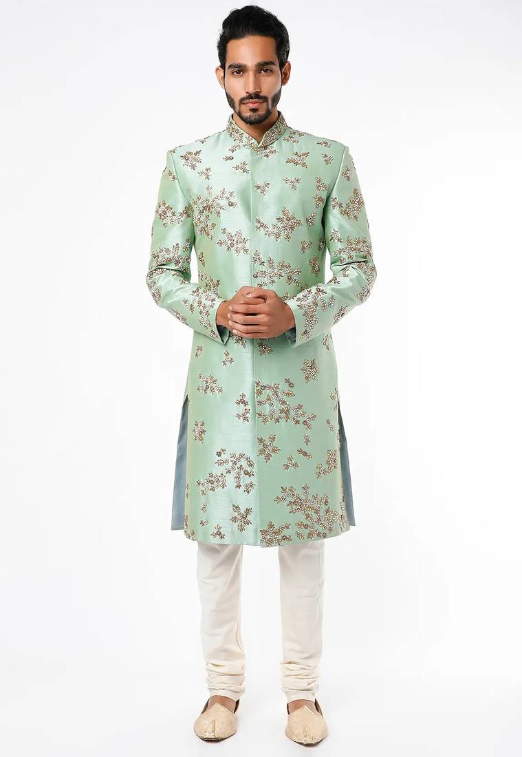 Pista green hand embroidered art silk sherwani for men