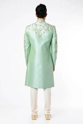 Pista green hand embroidered art silk sherwani for men 2