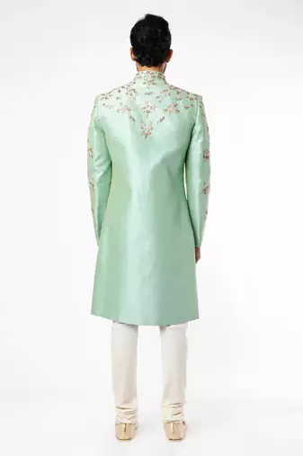 Pista green hand embroidered art silk sherwani for men
