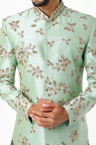 Pista green hand embroidered art silk sherwani for men