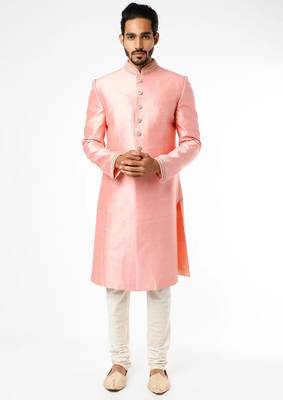 Pink hand embroidered art silk sherwani for men 1