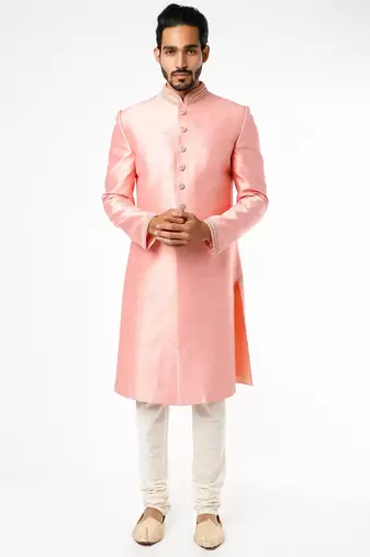 Pink hand embroidered art silk sherwani for men