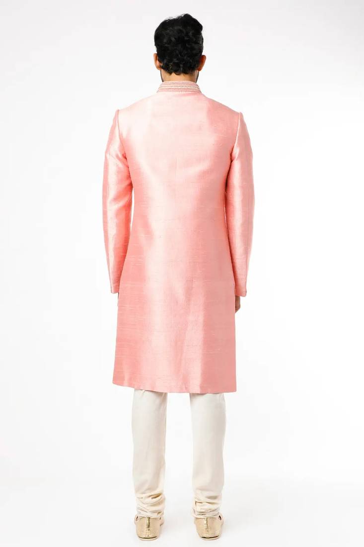 Pink hand embroidered art silk sherwani for men