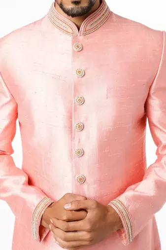 Pink hand embroidered art silk sherwani for men