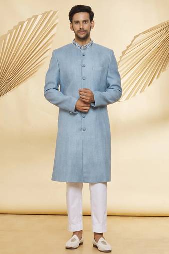 Blue solid jute sherwani for men