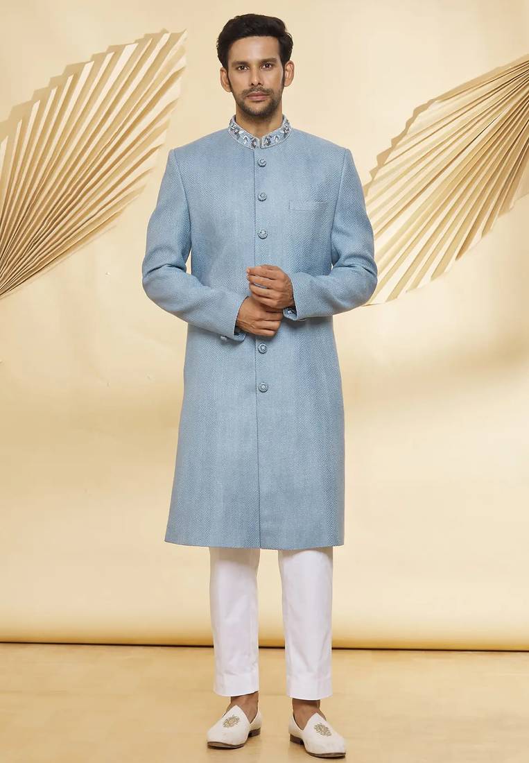 Blue solid jute sherwani for men