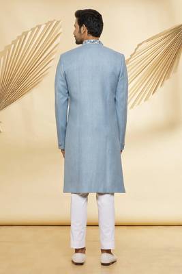 Blue solid jute sherwani for men 2