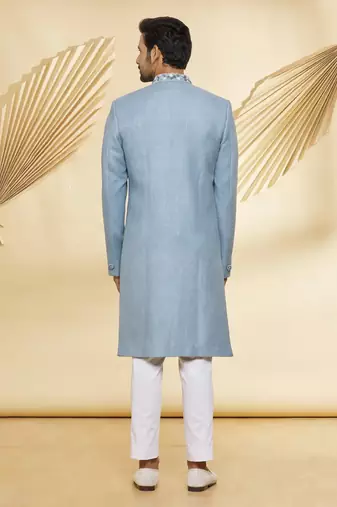 Blue solid jute sherwani for men