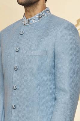 Blue solid jute sherwani for men 3