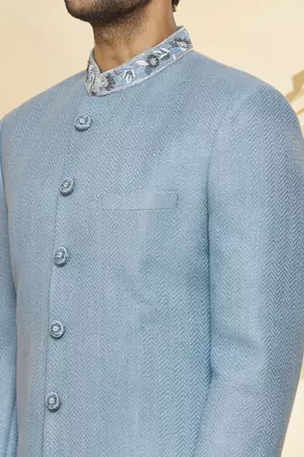Blue solid jute sherwani for men