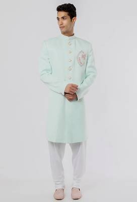 Light pista green solid teri rayon sherwani for men 1
